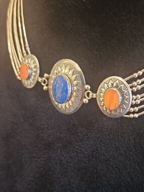 Sterling Silver Multi Strand Necklace with Lapis and Spiny  Coral Side Stones